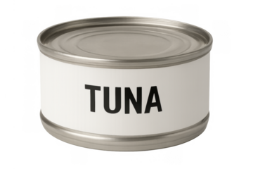 Tuna fish can with plain white label on transparent background providing healthy preserved seafood