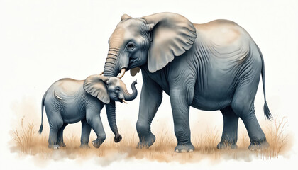 Fototapeta premium Watercolor drawing presents elephant with calf. Mom and baby elephants stand near each other. Gentle tones underline relation, bond. Art illustration is perfect for kids books or cards design.