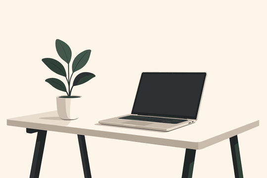 Minimalist Modern Workspace. Minimalist modern workspace with a sleek vector illustration desk, laptop, and potted plant,