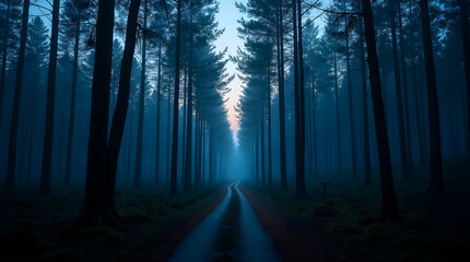 Dark forest path shrouded in fog winding road through tall trees creating mysterious atmosphere in twilight woodland landscape serene natural setting