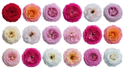 Eighteen vibrant rose blossoms in diverse shades including red, orange, pink, cream, and white. A beautiful floral collection. background removed