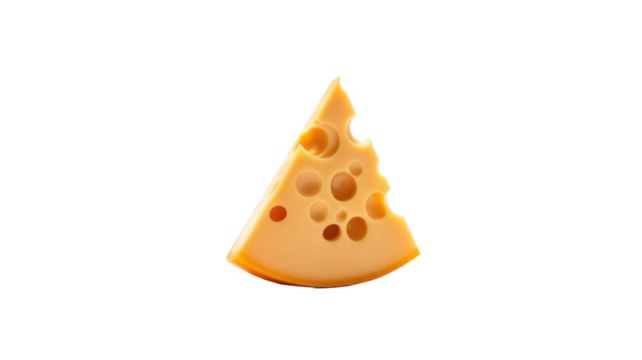 A classic triangular wedge of yellow cheese with distinct holes, perfect for a delicious snack or a versatile recipe ingredient. background removed
