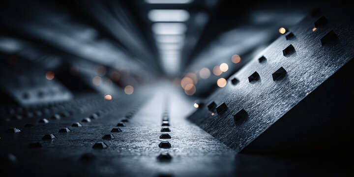 Sci-fi corridor with bokeh lights and detailed metallic texture, industrial perspective