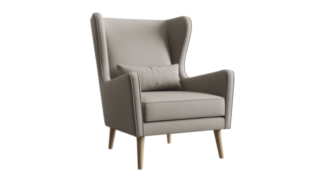 A contemporary light gray upholstered wingback armchair with slender wooden legs and a matching lumbar cushion, isolated for design focus. background removed - Powered by Adobe