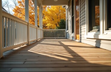 Fototapeta premium Exterior view shows empty veranda of country house in autumn. Sunlight falls on wooden floor. Trees with yellow foliage outside. Nobody on patio. Residential architecture concept. Cottage open porch