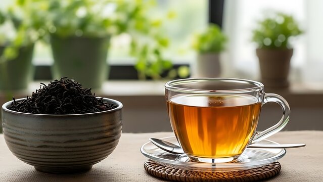 Aromatic black tea served in glass cup with dried tea leaves