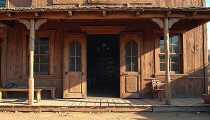 Exterior of vintage saloon with wooden plank walls. Two doors open to interior. Windows flank entrance. Rustic bench seats outside. Traditional western architecture design element on sunny day.