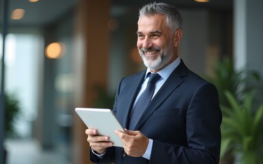 happy middle aged business man ceo wearing suit standing in office using digital tablet smiling mature businessman professional executive manager looking away thinking working .stock photo