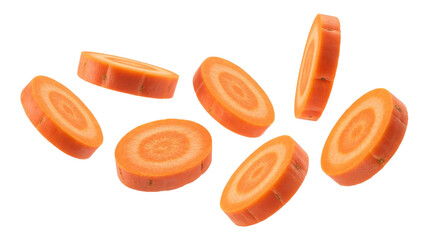 Fresh, vibrant orange carrot slices, neatly cut into rounds, float against a solid transparent background, showcasing their healthy texture. background removed
