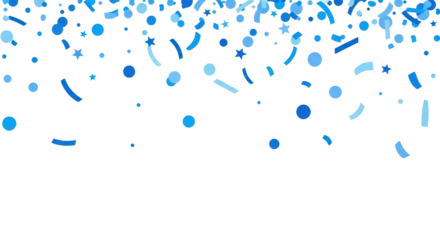 Blue celebration confetti and streamers on transparent background for festive designs