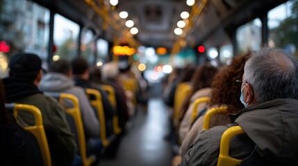 An image portraying passengers on a crowded bus captured in soft, intimate evening lighting, generating a sense of community and reflection on daily travel experiences.