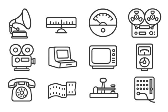 Retro Tech Icons. Line style icons of retro technology: phonograph dial, radio tuner, cassette deck meter, reel-to-reel recorder;