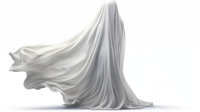 Eerie white ghost figure with flowing fabric isolated on a clean white background, symbolizing mystery, fear, and the unknown. Perfect for Halloween or conceptual design.