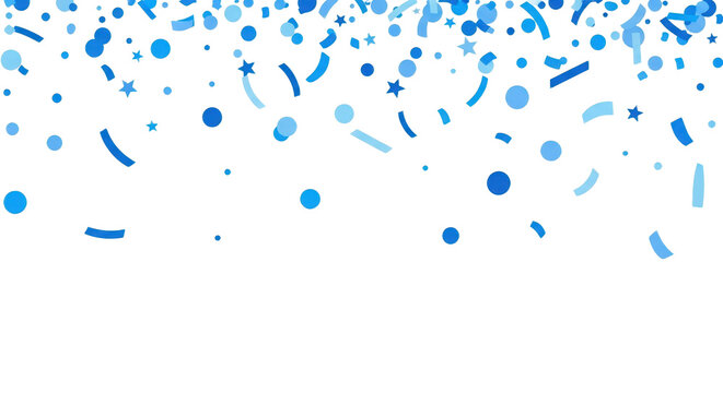 Blue celebration confetti and streamers on transparent background for festive designs