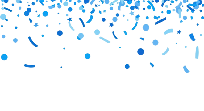 Blue celebration confetti and streamers on transparent background for festive designs