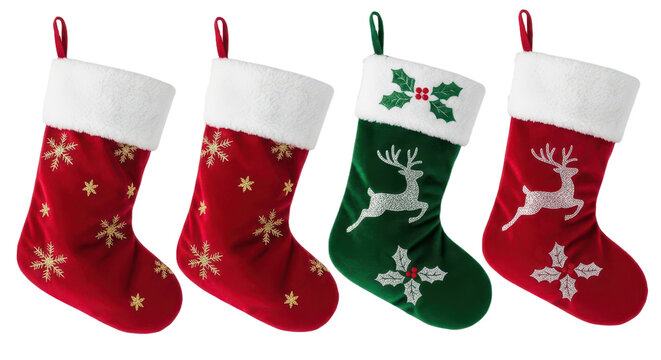 Festive christmas stockings with snowflakes and reindeer designs for holiday decorating