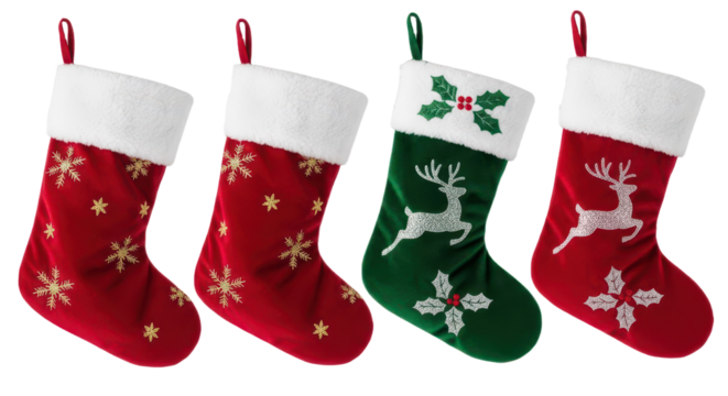 Festive christmas stockings with snowflakes and reindeer designs for holiday decorating