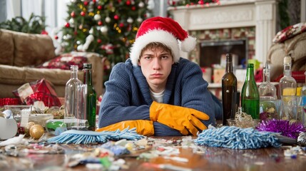 Bored guy in Santa hat and yellow cleaning gloves lying among bottles and trash on the floor, reluctantly starting Christmas and New Year party cleanup at home
