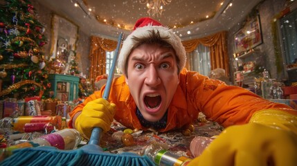 Frustrated man in Santa hat shouting into camera while cleaning huge Christmas party mess with broom and gloves, comic holiday stress and burnout concept
