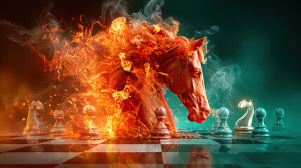 Fiery red chess knight made of roaring flames facing cool teal pieces on reflective chessboard, dramatic fantasy concept of strategy, risk and decisive moves in the Year of the Horse