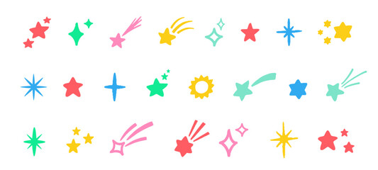 Star Icon Shape Pen Comic Vector Set. Chalk Scribble Sparkle Graffiti Sturburst Cartoon Splash Firework Shapes Collection. Hand Drawn Marker Burst Twinkle Squiggles. Pencil Sparks Charcoal Doodles