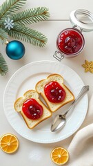 Christmas Breakfast Spread with Toast, Jam, Dried Orange, and Holiday Details 