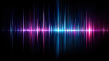 Dynamic background with a digital equalizer or sound wave pulsating, featuring vertical light lines,  in vibrant shades of magenta, blue, and pink on a black background