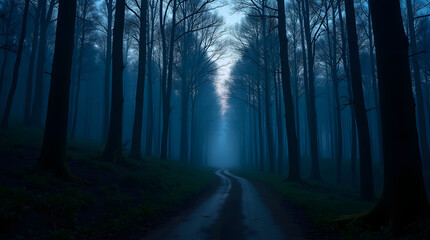 Eerie forest path winds through twilight trees shrouded in fog creating spooky scene dark woodland road evokes mystery tranquil gloomy natural landscape
