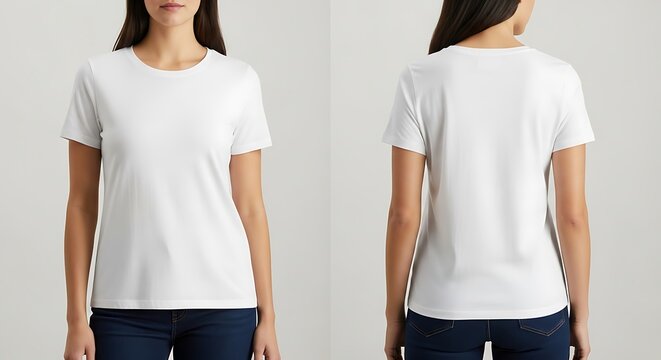 Front and back view of a plain white tshirt worn by a woman, highlighting the cut and silhouette of the garment