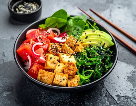 Close-up of a colorful poke bowl on a dark surface, featuring tofu, avocado, seaweed, tomatoes, radish, and greens. Chopsticks rest beside it