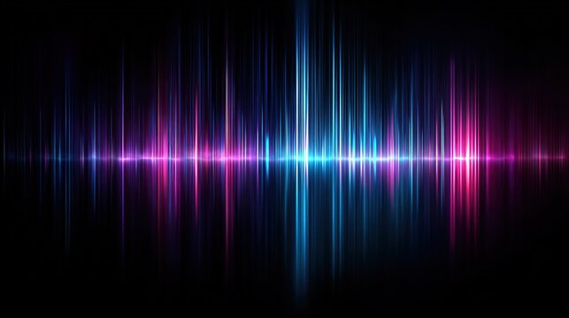 Dynamic background with a digital equalizer or sound wave pulsating, featuring vertical light lines,  in vibrant shades of magenta, blue, and pink on a black background