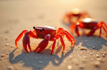 Red crabs walk on sandy beach near ocean water. Crustaceans with claws move on wet sand shore. Marine animals crawl near shallow sea waves. Wildlife photo shows nature scene.
