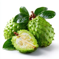 Fresh Green Soursop Fruits with Leaves, One Cut in Half, on White