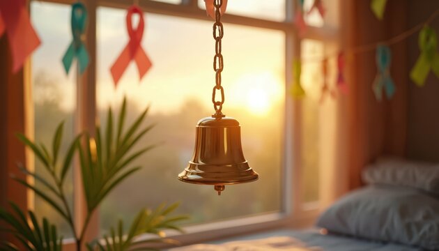 Golden victory bell hangs in sunlit hospital room at glorious sunset. Colorful awareness ribbons decorate window. Hope, recovery, major milestone achieved. Peaceful scene marks end of hard health