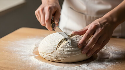 Baker scoring sourdough bread dough with a knife on a floured wooden surface closeup