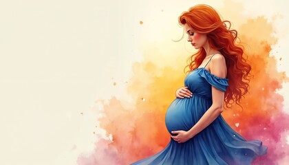 Watercolor art shows pregnant woman holding large belly. She wears blue dress. Artwork displays warm colors, soft background. Female waits for baby. Motherhood concept art. Anticipation for new life.