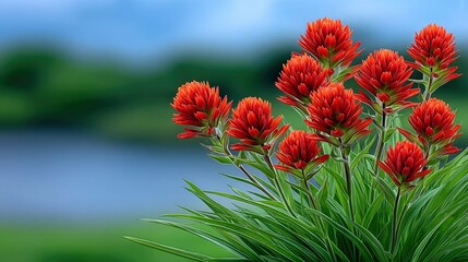 A cluster of vibrant red Indian paintbrush flowers with green foliage against a blurred backdrop of water and greenery, conveying a sense of natural beauty and