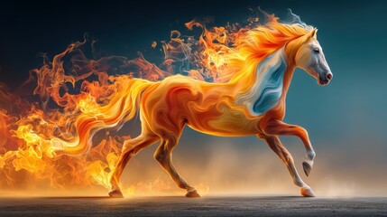 Majestic fiery horse galloping through flames at dusk, swirling orange and blue strokes forming mane and body in dramatic digital painting on dark smoky sky