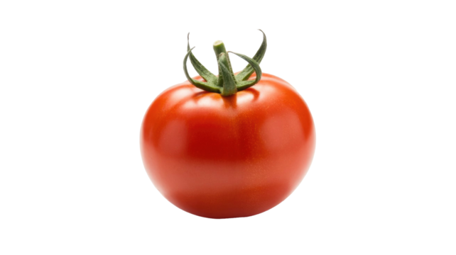 A vibrant red, ripe tomato with its green stem and calyx prominently displayed against a solid dark transparent background. Fresh and ready. background removed