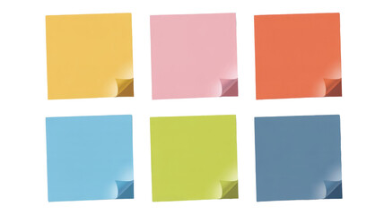 Six vibrant blank sticky notes in various colors with curled corners, arranged on a contrasting background, perfect for reminders or messages. background removed