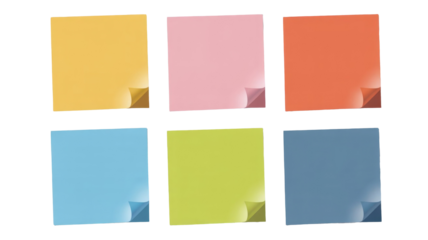 Six vibrant blank sticky notes in various colors with curled corners, arranged on a contrasting background, perfect for reminders or messages. background removed