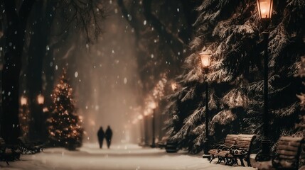 Romantic winter alley in city park during heavy snowfall, snowy benches and trees illuminated by warm, mysterious light of old lanterns, couple walking in center