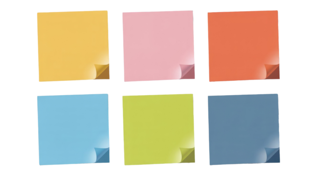 Six vibrant blank sticky notes in various colors with curled corners, arranged on a contrasting background, perfect for reminders or messages. background removed - Powered by Adobe