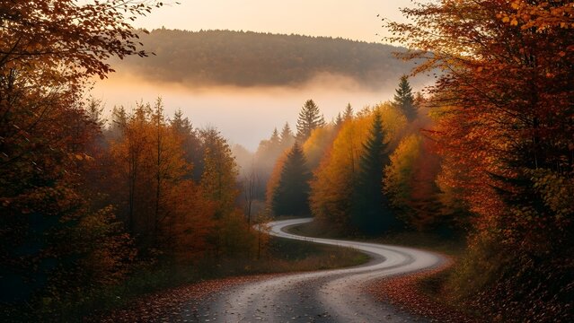 Winding country road disappearing into a misty forest valley during a vibrant autumn sunrise with warm golden light filtering through the fog