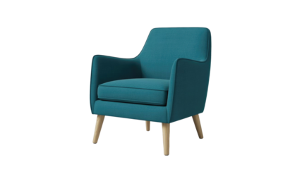 A modern teal upholstered armchair with tapered wooden legs, featuring a clean design and comfortable seat on a solid transparent background. background removed
