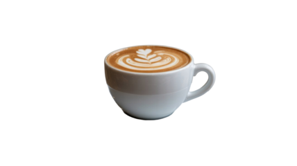 A white ceramic mug holds a delicious latte with elegant heart-shaped foam art. Perfect for a cozy morning, isolated on green. background removed