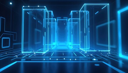 Futuristic Digital Interface With Glowing Blue-Bordered Geometric Panels