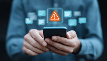 Person holding smartphone displaying prominent warning alert notification with message icons floating.