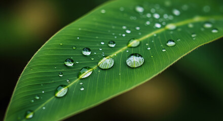 Refreshing raindrops glistening on vibrant green leaf creating a natural, clean aesthetic