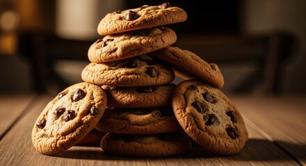 Delectable chocolate chip cookies stacked invitingly on a rustic wooden surface